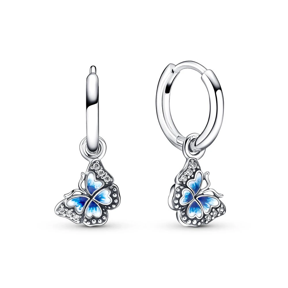 2022 NEW 925 Sterling Silver Pan Blue Butterfly Hoop Sparkling Freehand Heart Hoop Earrings Deep Purple Pansy Flower Ring Gifts 