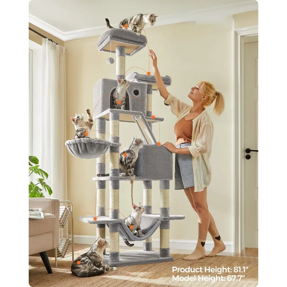 

Cat Tower with Scratching Pillars, 2 Rest Areas, Hammock and Toy Plush Ball, Multi story Plush Pet Apartment, Cat Tree