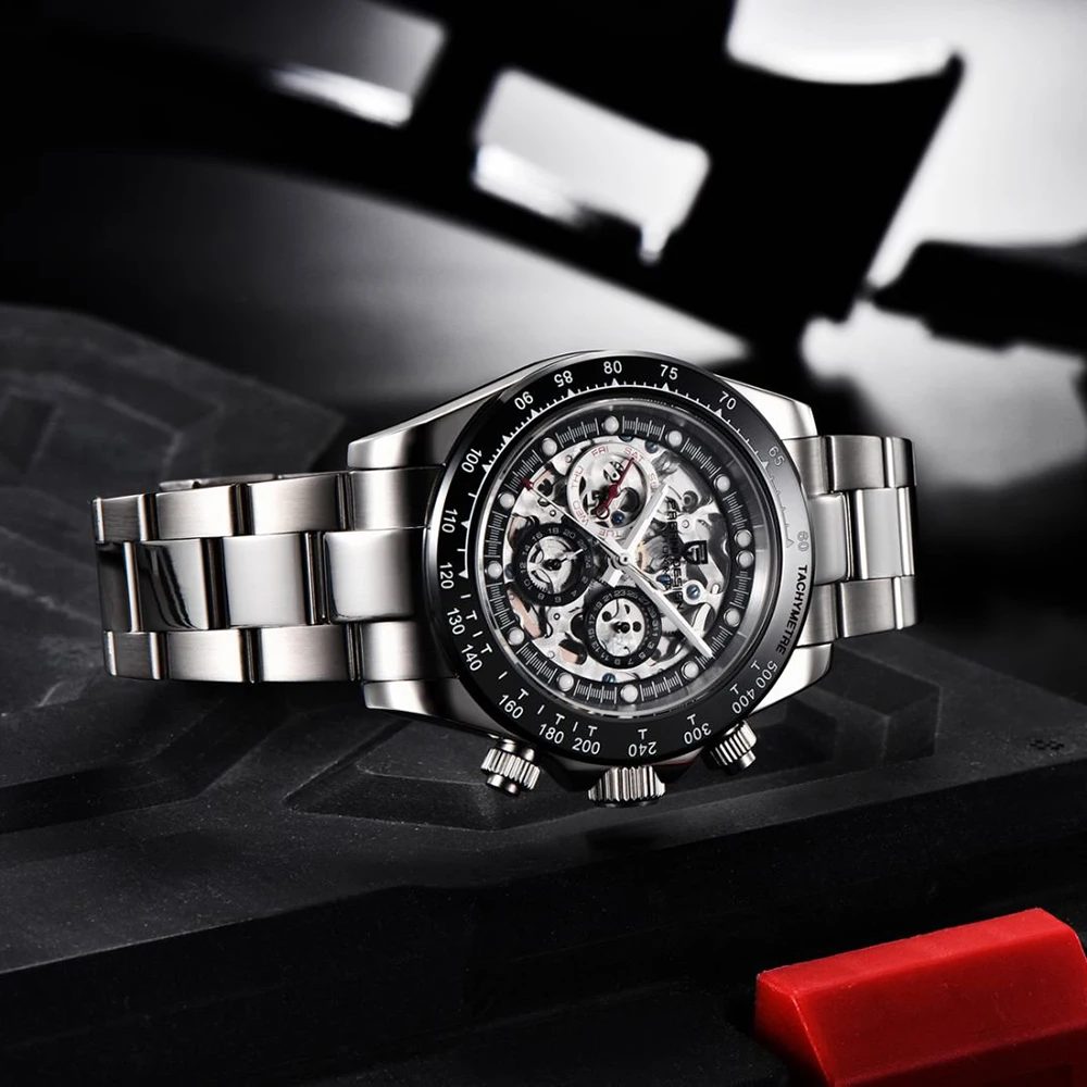 PAGANI DESIGN Men Automatic Mechanical Watch Skeleton Hollow Dial100M Waterproof Stainless Steel Sport Wristwatch Reloj Hombre