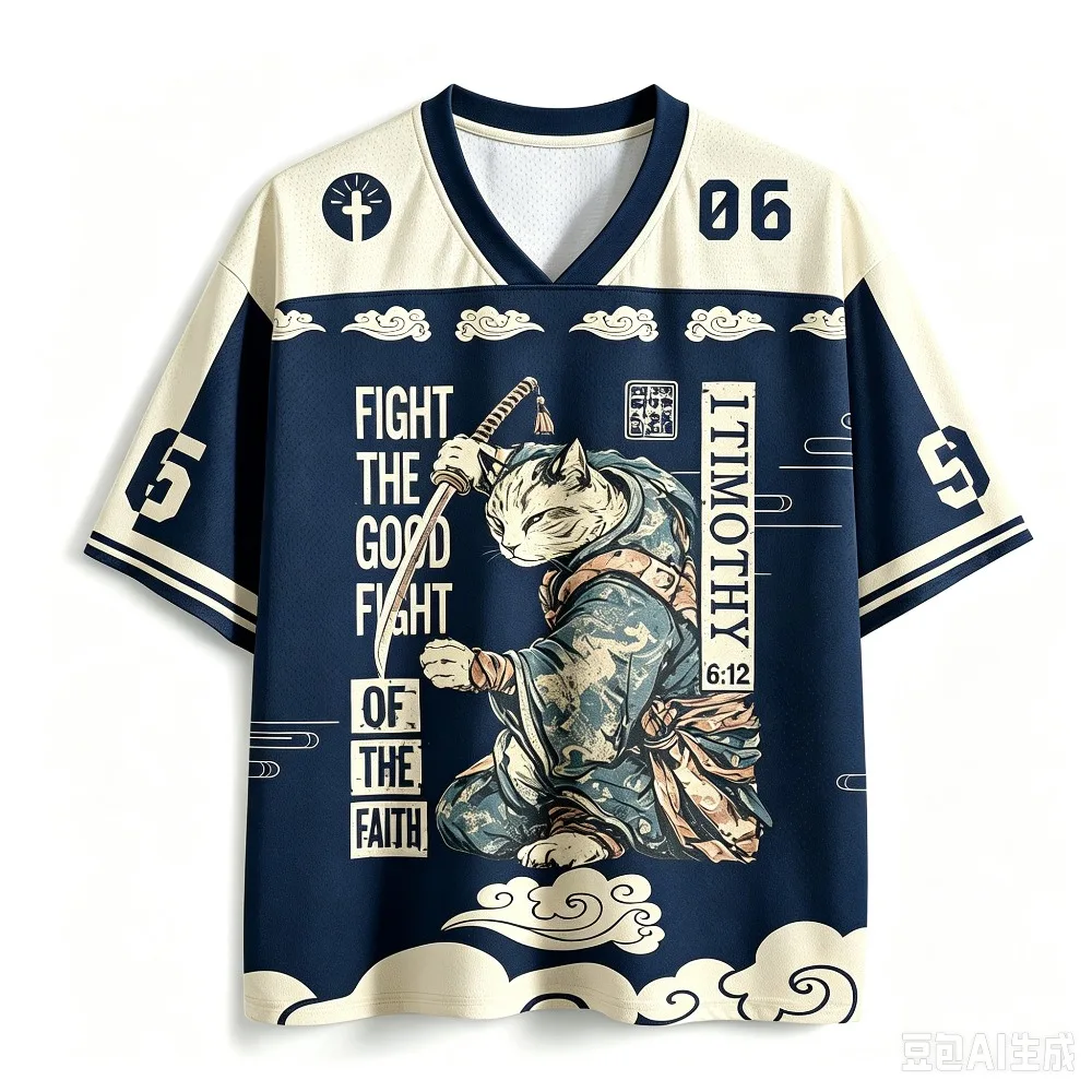 3D-Druck Herren V-Ausschnitt Locker Sitzendes Sport-Schnelltrocken-T-Shirt Sommer Neuer Stil Japanischer Katzenkrieger Lässiger Straßentrend. Eltern-Kind-Top
