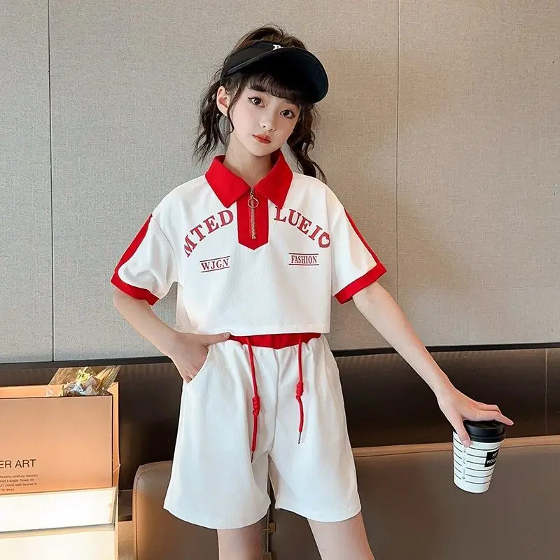 

2023 Girls Summer Clothes Children Sets Casual Short-Sleeved Shirt and Shorts Costumes Kids Clothing 2Pcs Tracksuits for 5-14Yrs