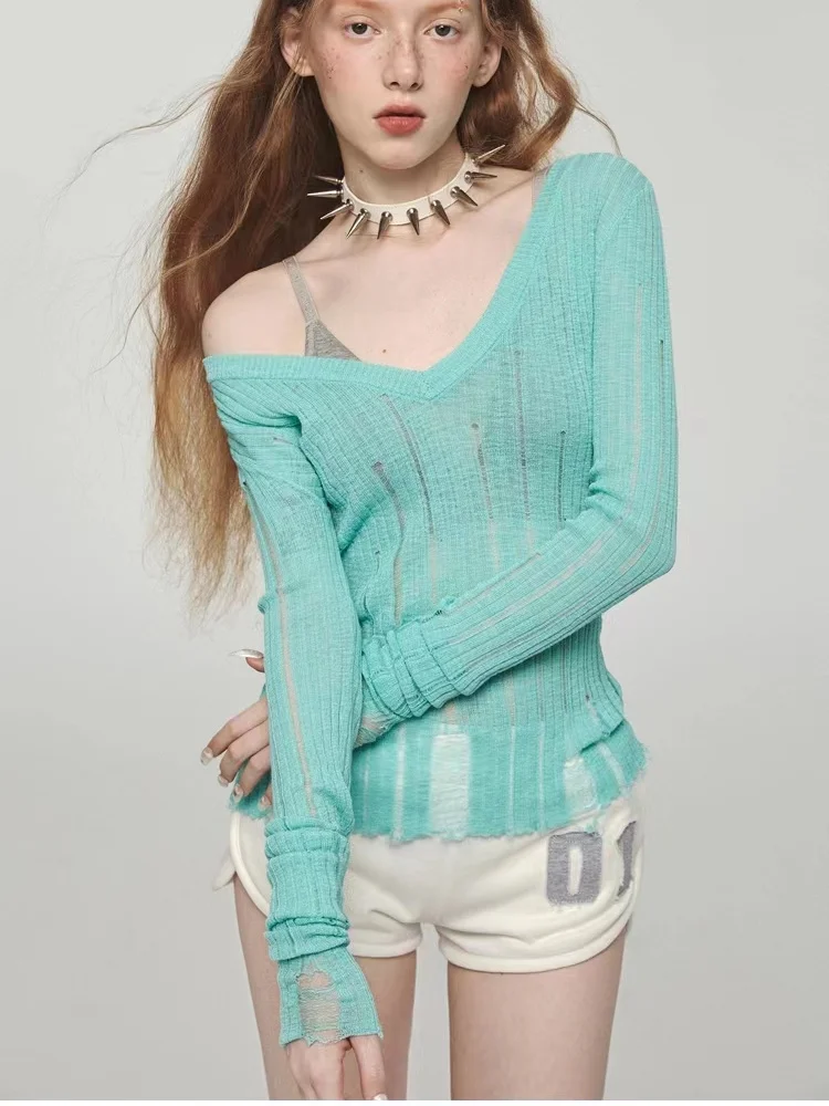 

V Neck Sexy Knitted T-shirts Women Long Sleeve Hollow Out Autumn Winter Pullover Top Female Casual Steetwear Sheer Black T Shirt