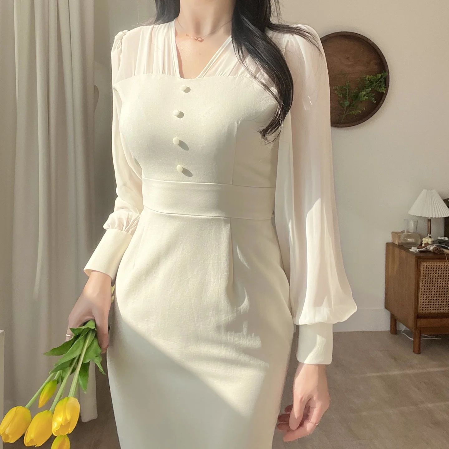 Korean Fashion Bodycon Midi Dresses for Women Mesh Patchwork Long Sleeve Fishtail Office Lady Mermaid Party Dress Slim Mermaid