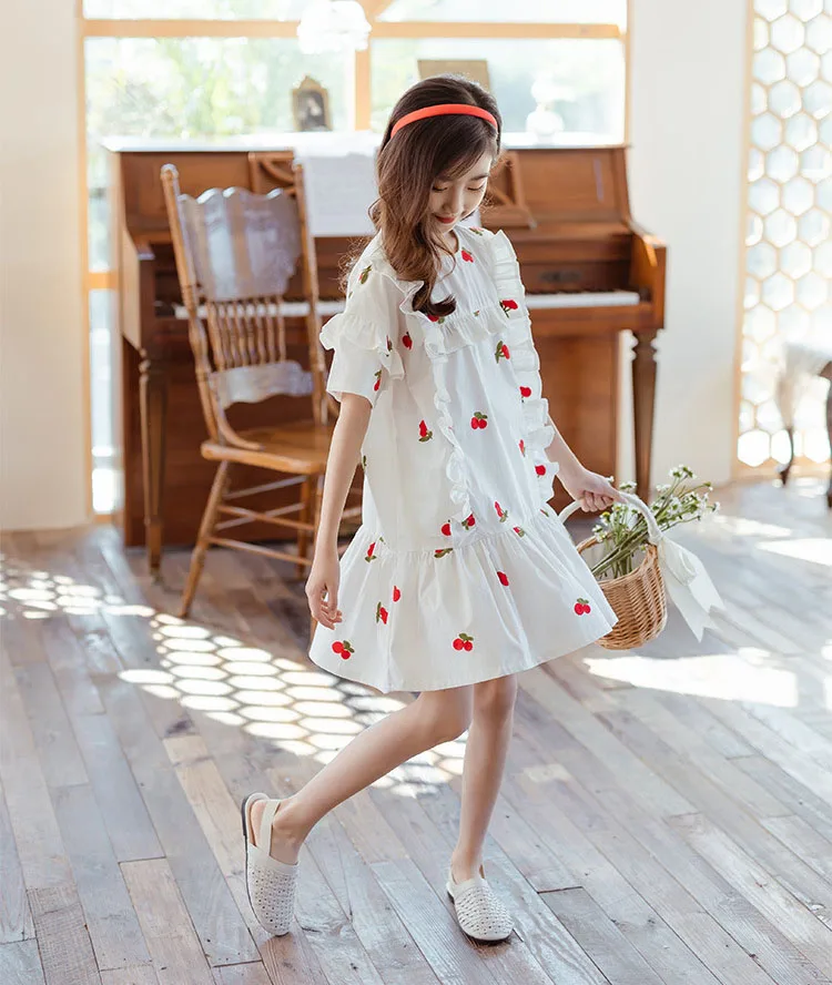 cutest baby dresses Embroidery Teen Girls Dress Cherry Patterns Half Sleeve Ruffles Cotton Summer Dress Children Clothes 6 8 10 12 14 Years baby boy dress