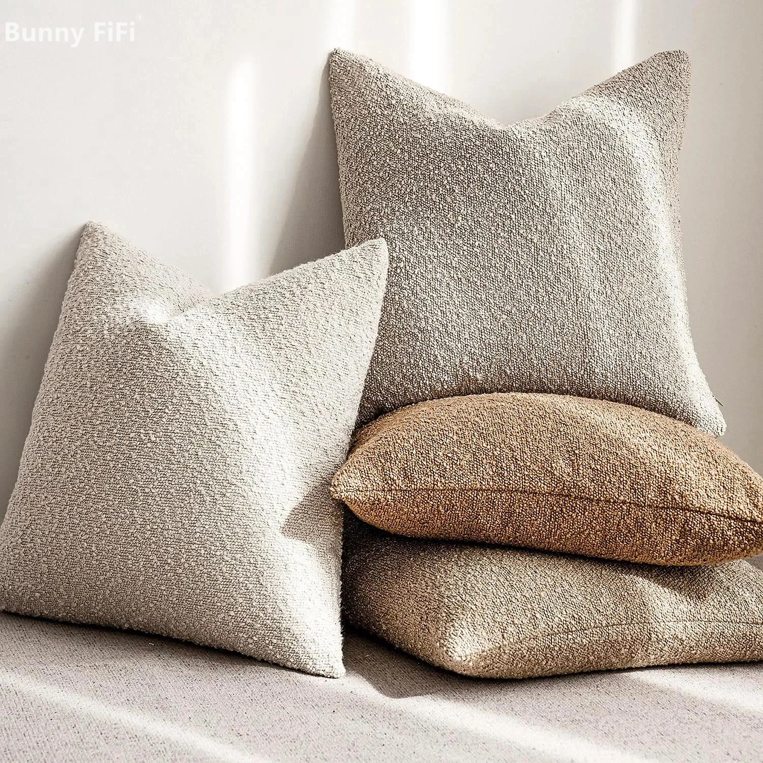 Solid Boucle Throw Pillow Cover Ivory Grey Camel Puffy Soft Design Cushion Cover Texture Couch Pillow Case Cozy 18x18" 45x45cm