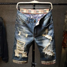 2022 Summer New Men's Ripped Short Jeans Streetwear Big Hole Fashion Vintage Blue Slim Denim Shorts Brand Clothes