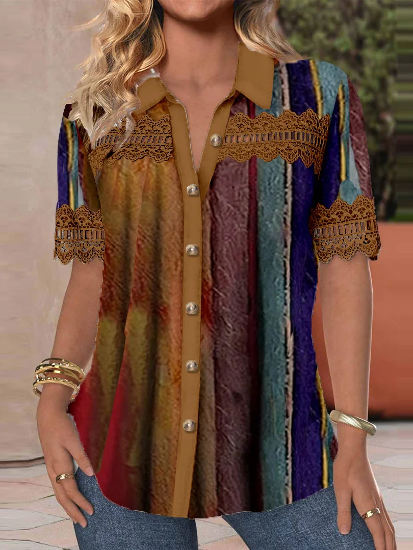 

Plus Size Women's Short Sleeve Lapel Colorblock Striped Printed Graphic Lace Hollow Stitching Button Tops