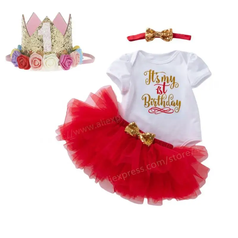 Tutu Skirt 1st Birthday Party Outfits Romper Baby Girl Princess Crown Headband 
