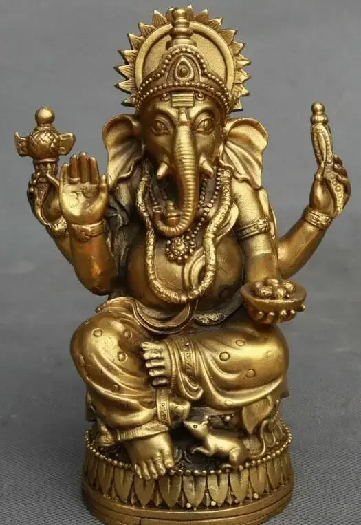 Tibet Pure Bronze Buddhism 4 Arms Mammon Ganapati Elephant God Buddha Statue