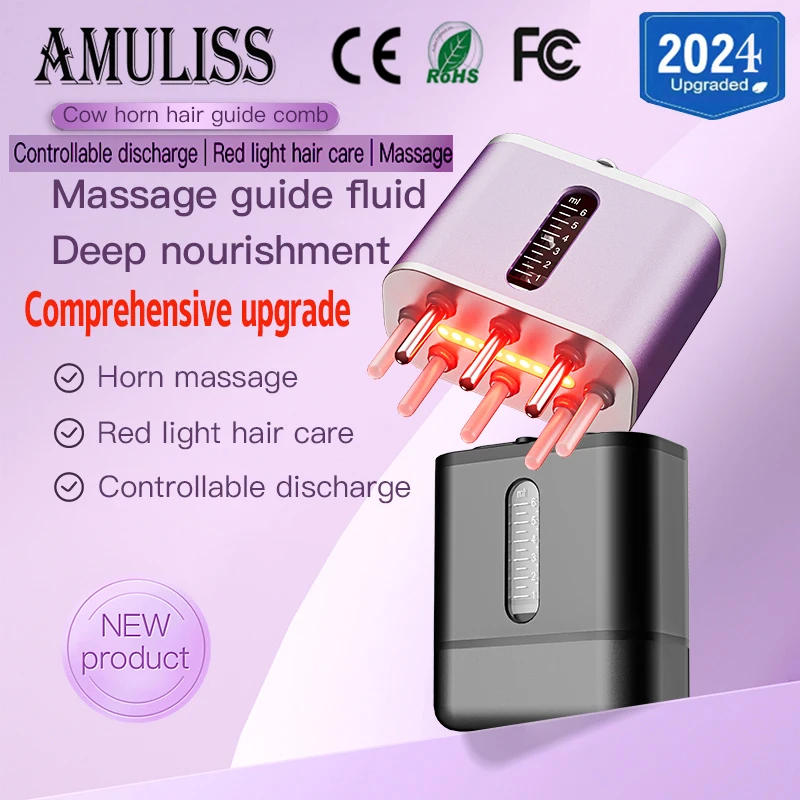 

Amuliss 2024 Scalp Massager Cow Horn Massage Comb Red Light Essence Oil Applicator Promote Hair Growth Portable Hair Guid Comb