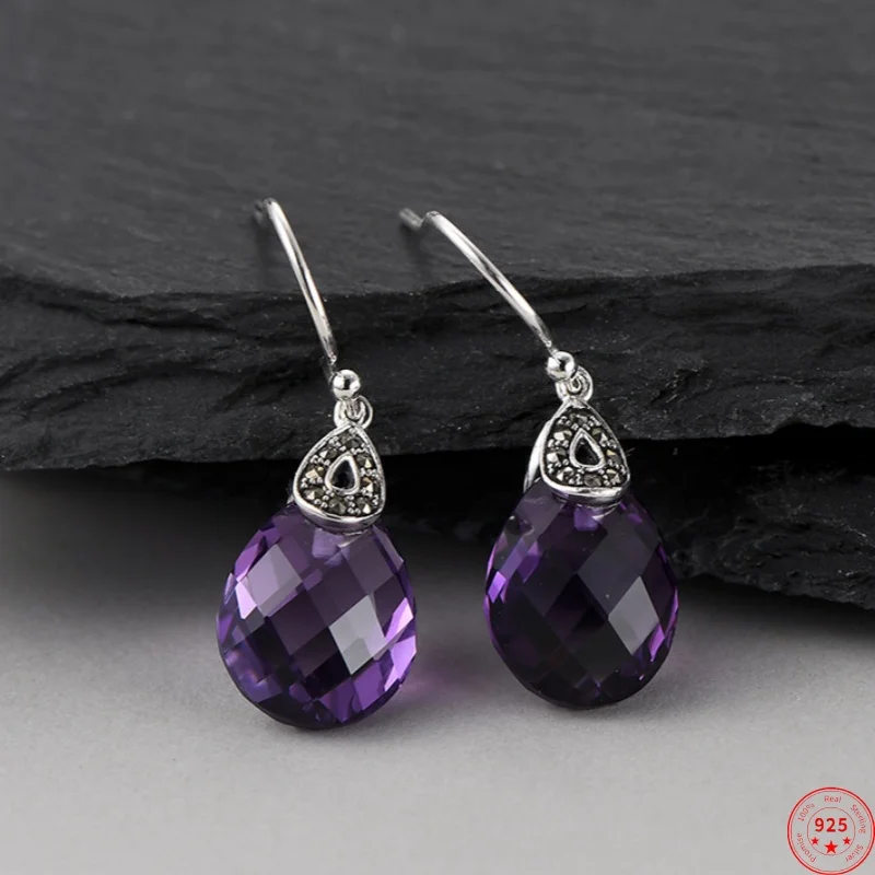 

S925 Sterling Silver Charms Drop Earrings for Women New Fashion Waterdrop Tangent Plane Amethyst Ear Drop Jewelry Free Shipping