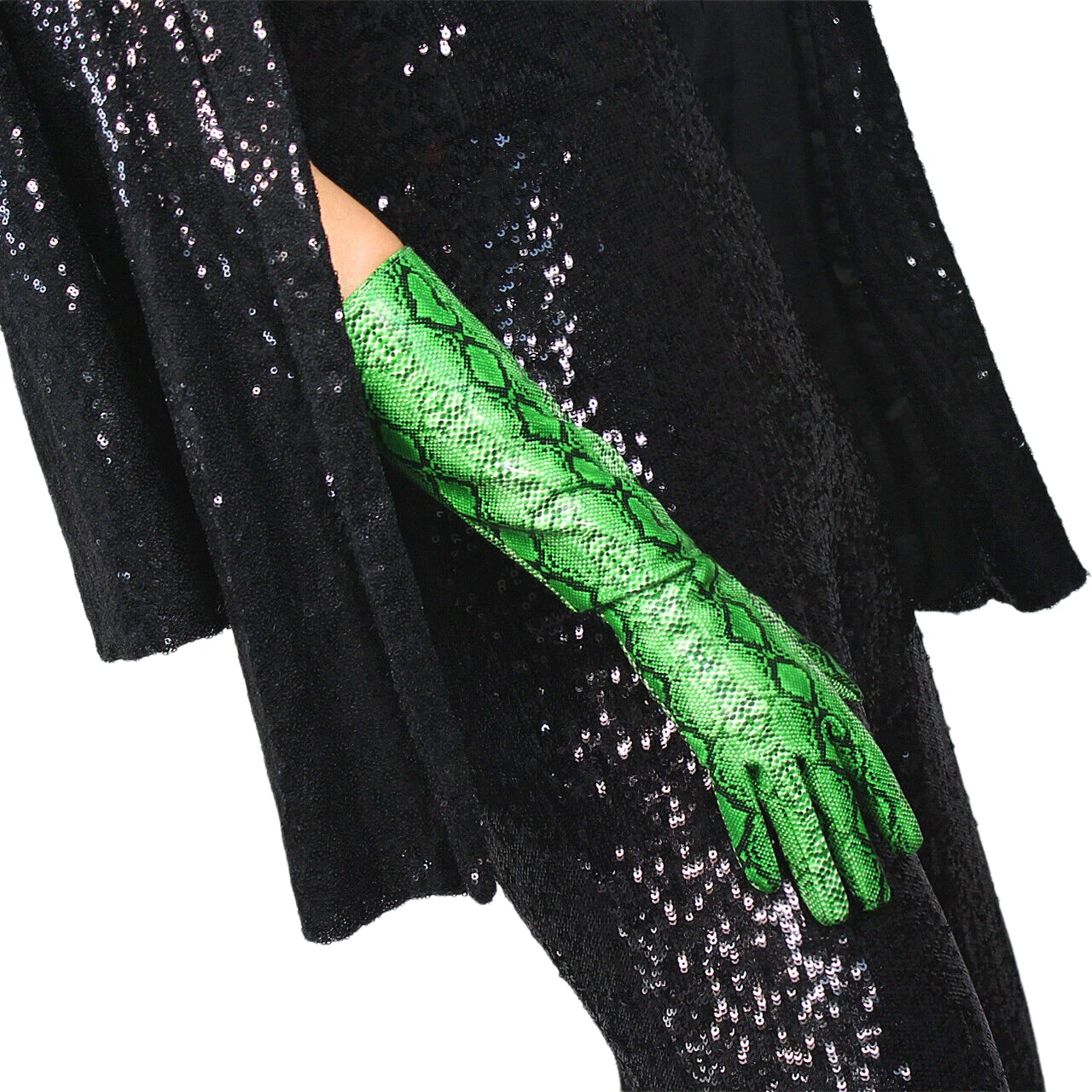 

DooWay Women's LATEX LONG GLOVES Shine Leather PU 40cm Animal Print Snake Skin Python Green Nightclub Dressing Christmas Glove