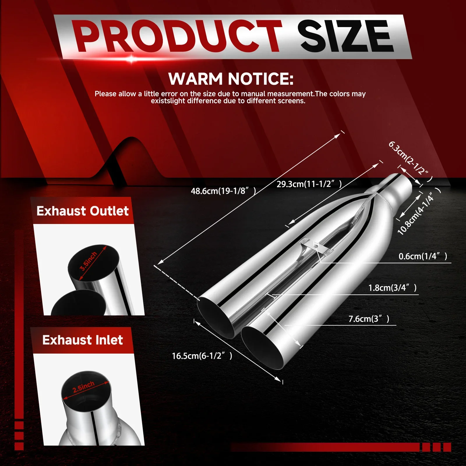 Universal 2.5" in 3.5" out 19" Long Stainless Steel Blast Pipes Exhaust Muffler Tip Easy to Replace Car Exhaust Pipe Muffler