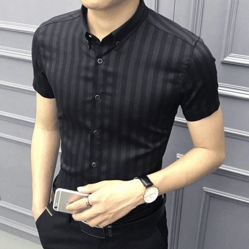 Summer Short Sleeve Shirt For Men Korean Slim Business Casual Trend Stripe Print Youth POLO Collar Single Breasted Male Clothing