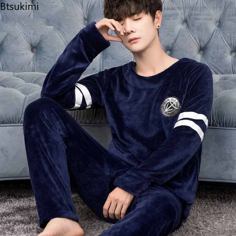 New 2023 Men's Winter Warm Sleepwear Pajama Sets 2PCS Thickened Fleece Homewear Nightwear for Men Coral Fleece Two Piece Set Men
