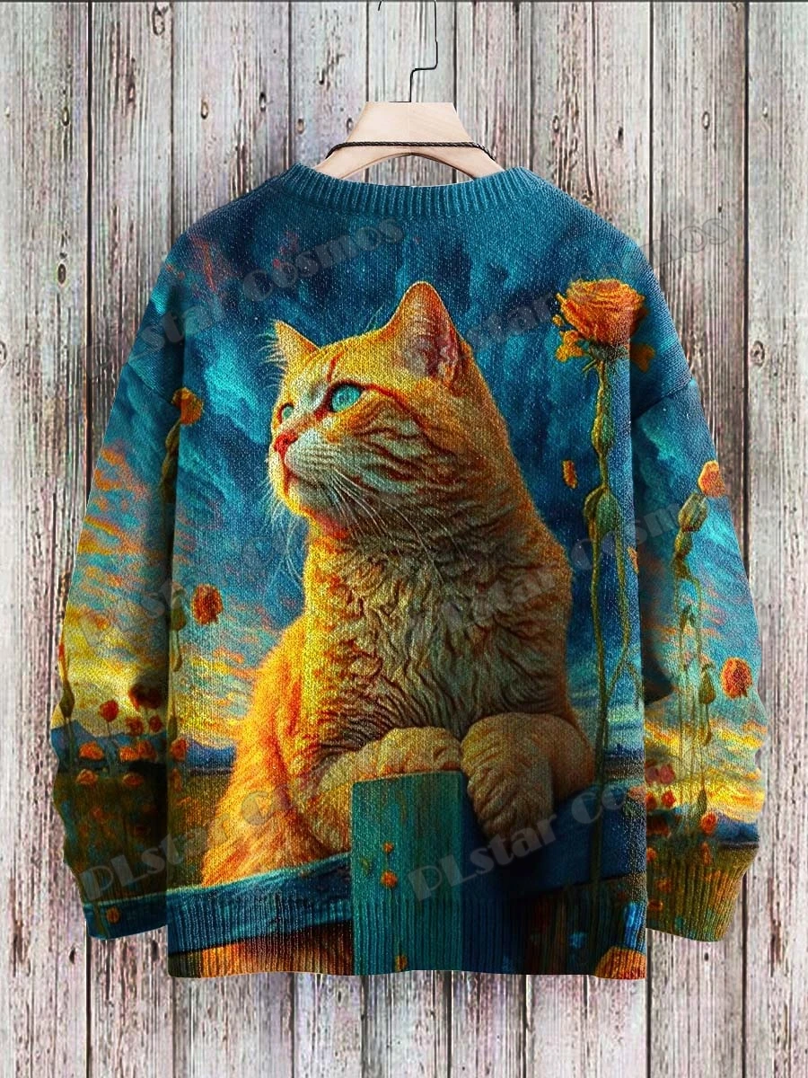레트로 검은 고양이 눈 아트 패턴 3D 인쇄 남자 Crewneck 니트 풀오버 겨울 남여 캐주얼 니트 풀오버 스웨터 ZZM46