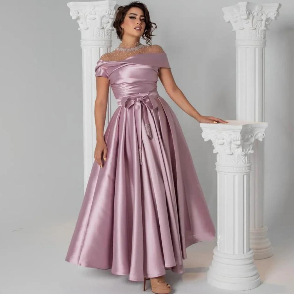 

Prom Dress Saudi Arabia Evening Satin Beading Draped Pleat Celebrity A-line High Collar Bespoke Occasion Gown Midi Dresses