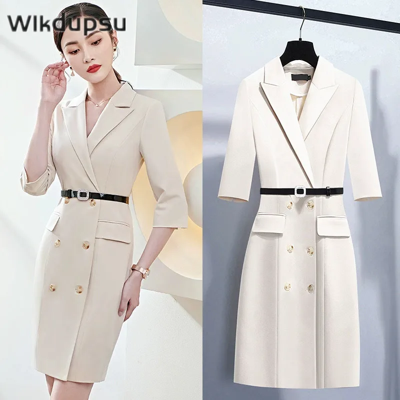 

Business Chic Women Dress Elegant Office Ladies Luxury Vintage Double Breasted Spring Summer Knee Length Pencil Dresses Female