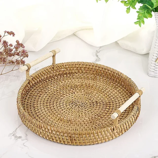 New Handwoven Rattan Storage Tray Basket With Wooden Handle