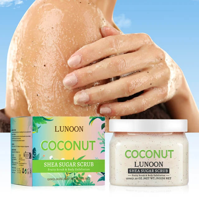 Gommage au sucre de karité de noix de coco 150g – Gommage corporel exfoliant LUNOON pour une peau lisse, hydratant naturel au beurre de noix de coco et de karité 1