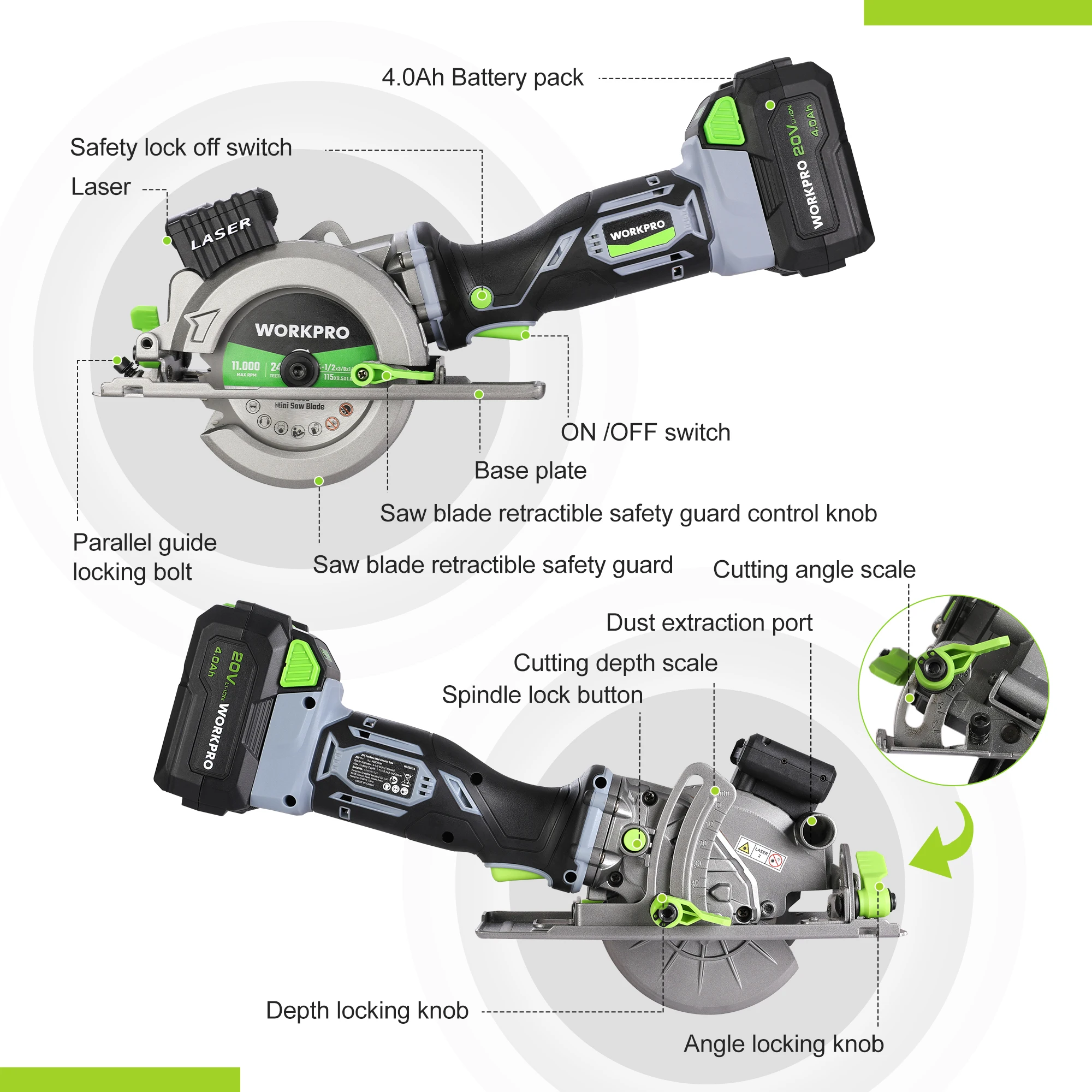 WORKPRO 20V Cordless Electric Circular Saw 115 mm Saw Blade 710W with Laser for Wood Ceramic Tile electric circular saw