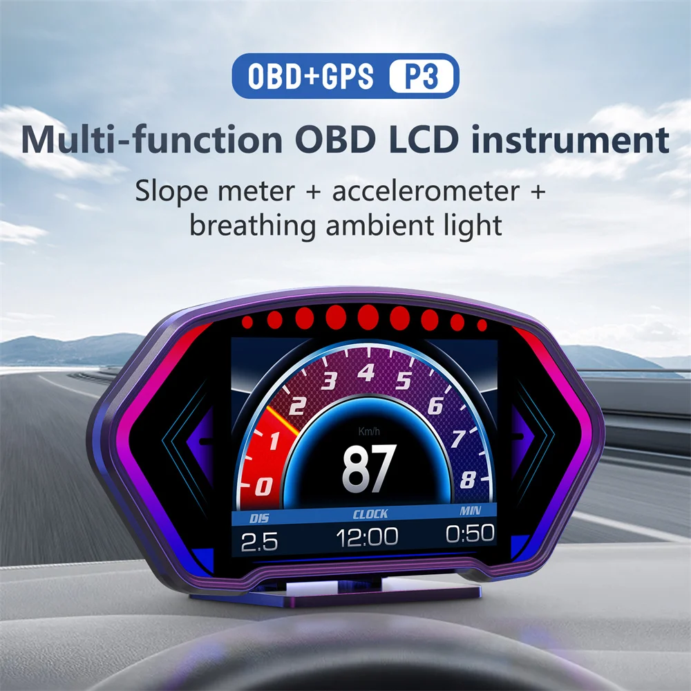 P3 OBD +GPS HUD Car Head Up Display Digital Tachometer Speedometer Odometer Clock Voltmeter Slope Meter Compass Altitude Fuel