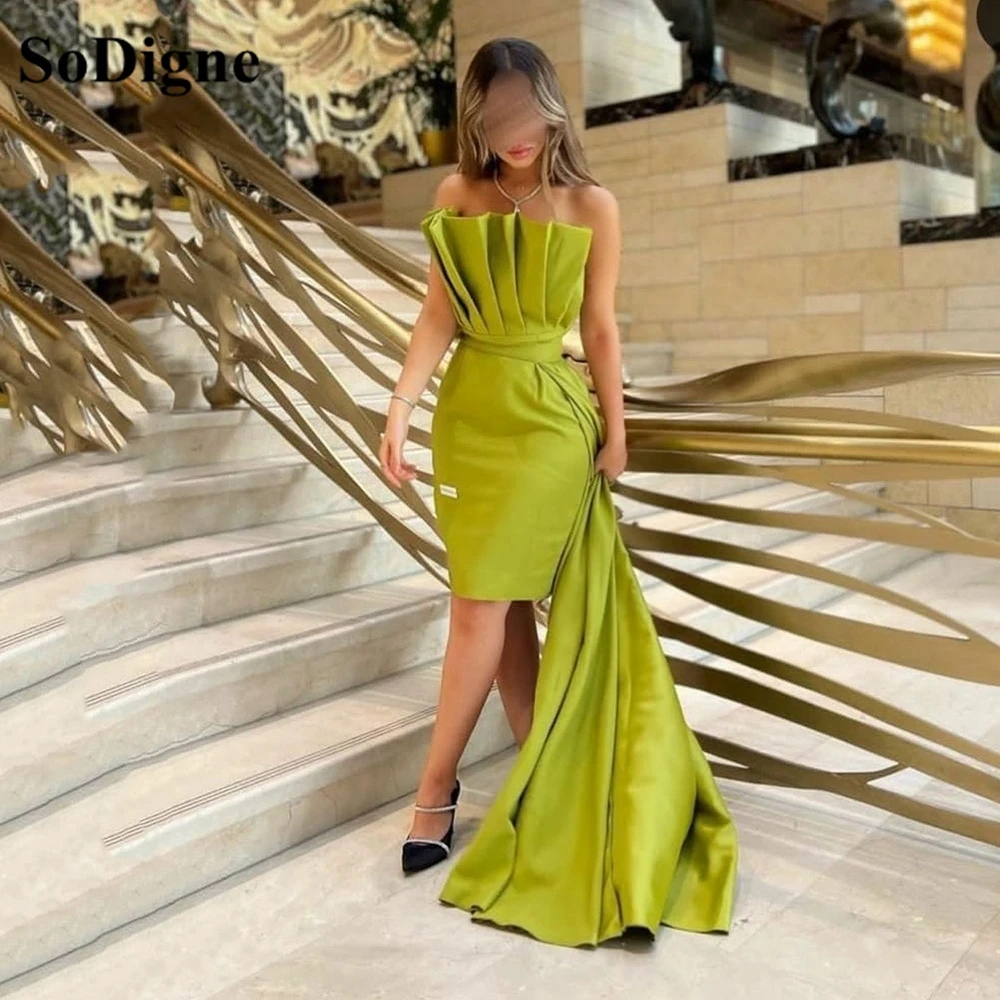 SoDigne Mermaid Dubai Evening Dresses With Draped Skirt Satin Formal Prom Gowns Knee Length Pleat Women Party Dress