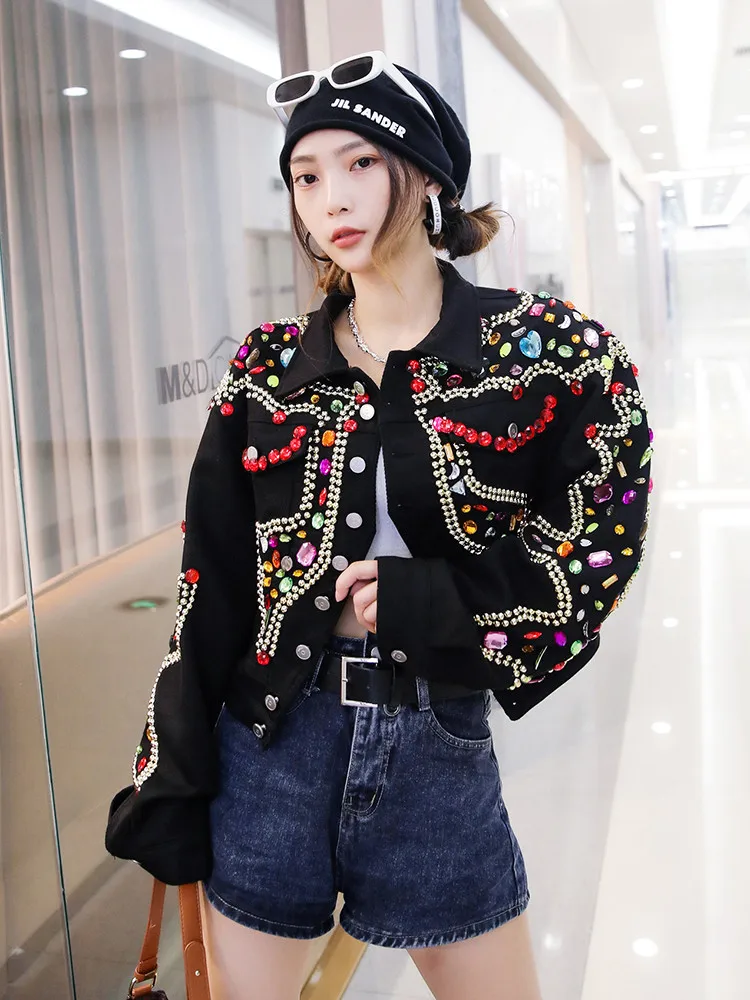 Denim Jacket Women's Beaded Sequin Decoration Black Fashion Loose Short Casual All-Match Autumn Polo Collar Single-Breasted  Top