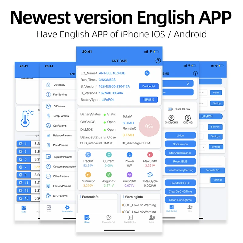 Smart 7S to 16S 20S 22S 30S ANT BMS Li-Ion LiFePo4 LTO Battery 950A 300A 80A 600A Bluetooth Built-in 8S 10S 12S 13S 14S Balance