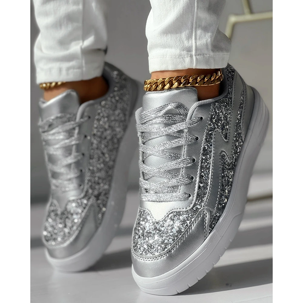 2024 Women Bling Bling Sequins Decor Lace-up Flats Sneakers Daily Casual Round Toe Sports Shoes Spring Going Out Basket Sneakers