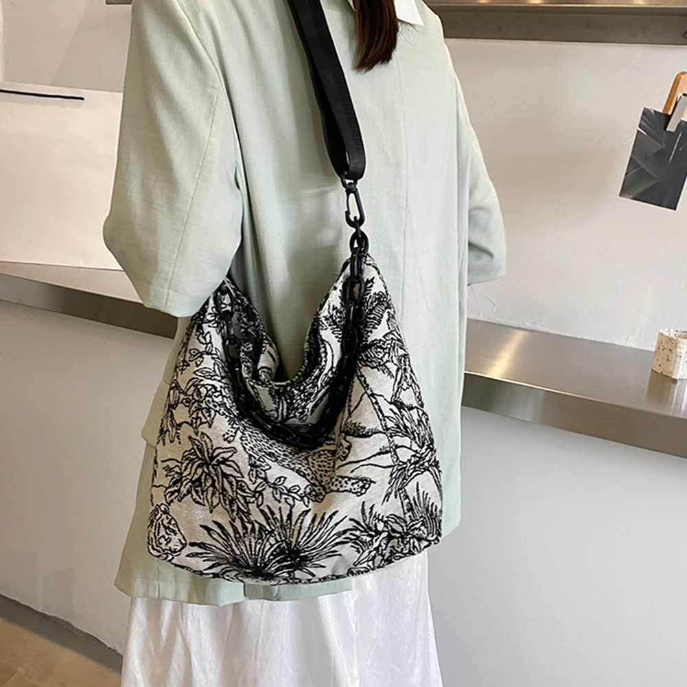 Retro Women Canvas Large Shoulder Crossbody Bag Embroidery Flower Chain