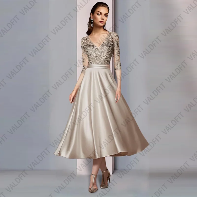 Mother Bride Dresses Women Party Dresses Tea Length with Sleeves