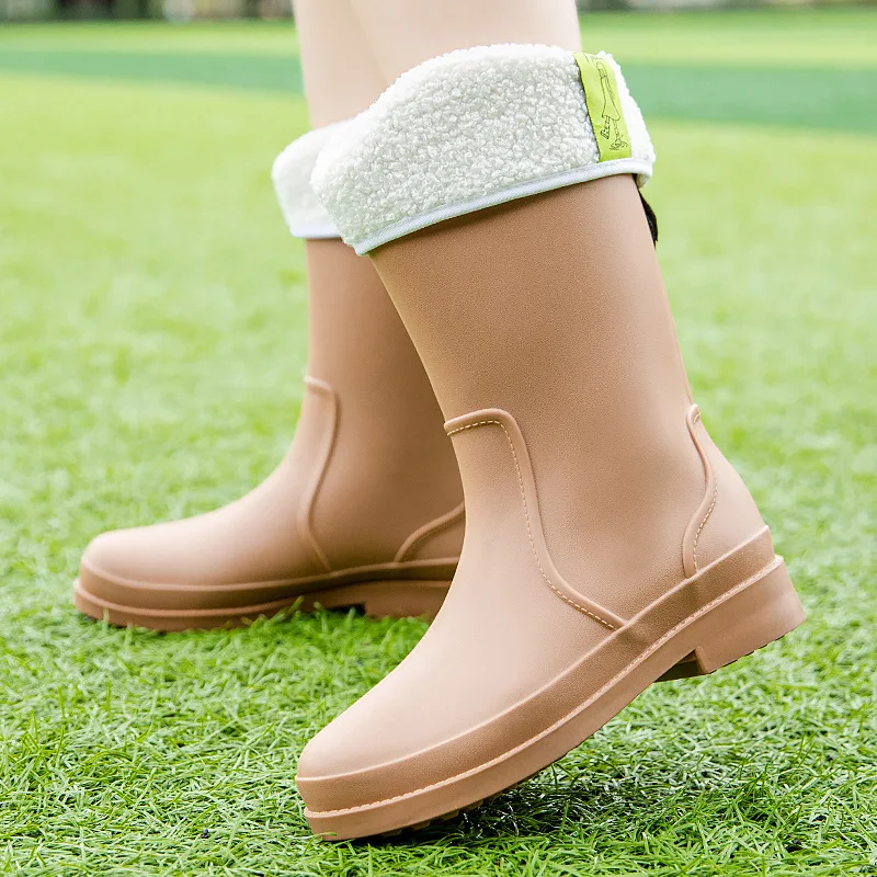 New Fashion Mid-calf Warm Rain Boots Outdoor Comfortable Waterproof Work Shoes Women Solid Color Water Boots