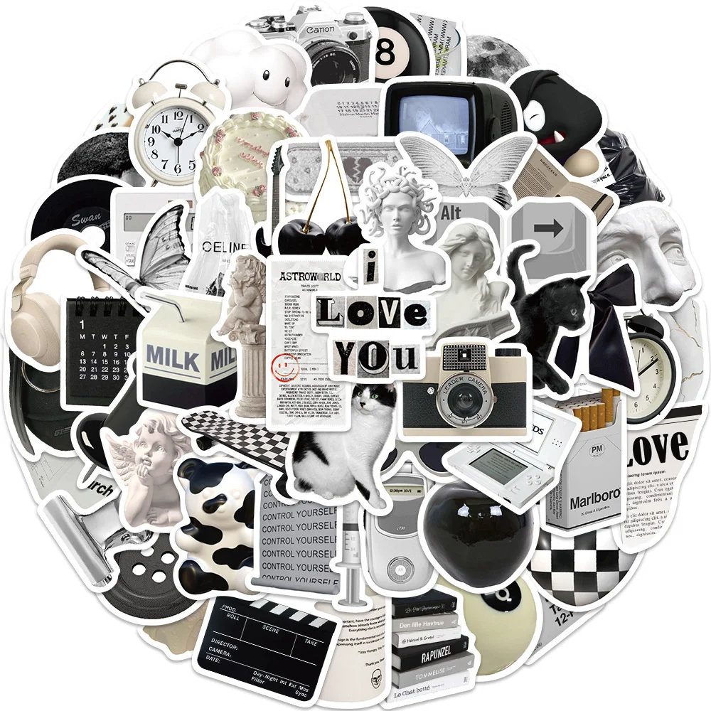 

10/30/50PCS Black And White Simple Style Cartoon Graffiti Waterproof Sticker Personality Decoration Creative Water Cup Wholesale