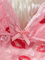 Lips Prints Pink Lace Sexy Lingerie Women See Through Babydoll Dress Slim Soft V Neck Side Opening Sleepwear Festival Gift - Image 4