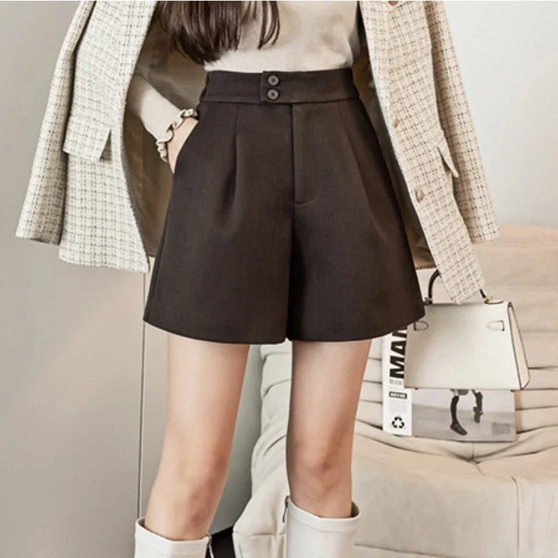 

High Wait Wide-leg Woolen Shorts Women Bottom Casual Loose A- Line Short Pants Ladies Autumn New Fashion Vintage Shorts