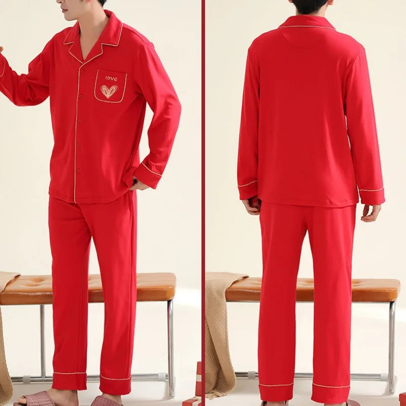 Cotton Men's Pajamas Spring Autumn Simple Cardigan Nightgowns Long Sleeves Sleepwear Suit Thin Loose Teenagers Home Clothes Set