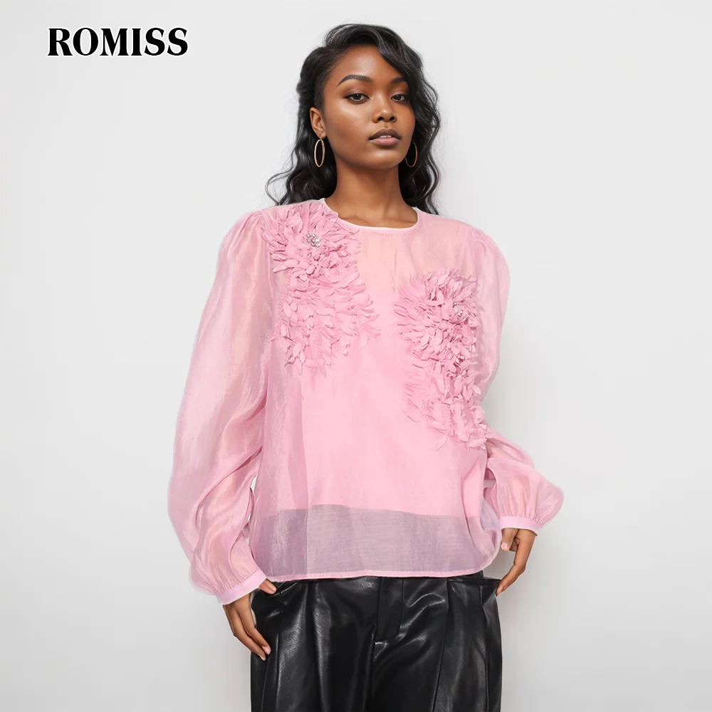 

ROMISS Solid Patchwork Appliques Loose Shirts For Women Round Neck Lantern Sleeve Sheer Mesh Temperament Shirt Female