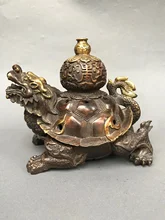 

6" Chinese Folk Collection Old Bronze Gilt dragon turtle statue Dragon Ball incense burner Gather fortune ornament Town house