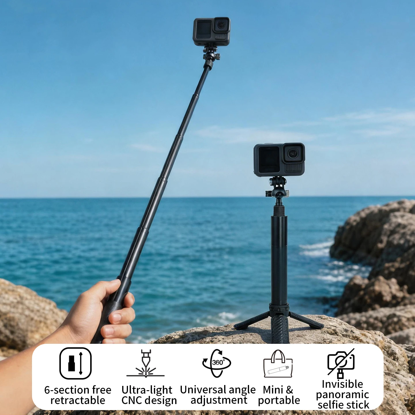 0.7m 6단 접이식 알루미늄 인스타360 X5 고프로 DJI 액션 360 스포츠 카메라 폰용 휴대용 삼각대 모노포드