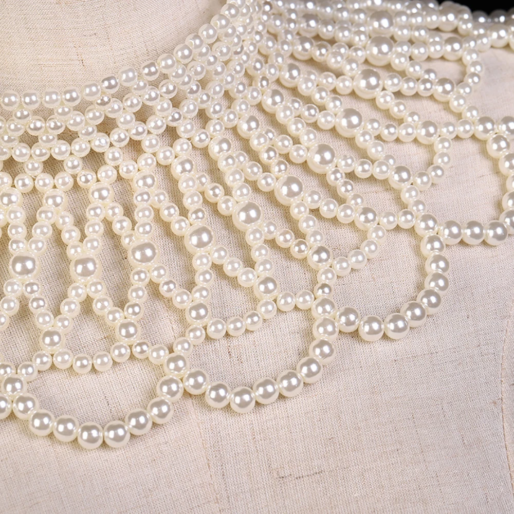 Elegant Pearl Shawl Necklace for Women Retro Fashion Hand Beaded body Jewelry Sweater Chain Wedding Dress Clothing Accessories