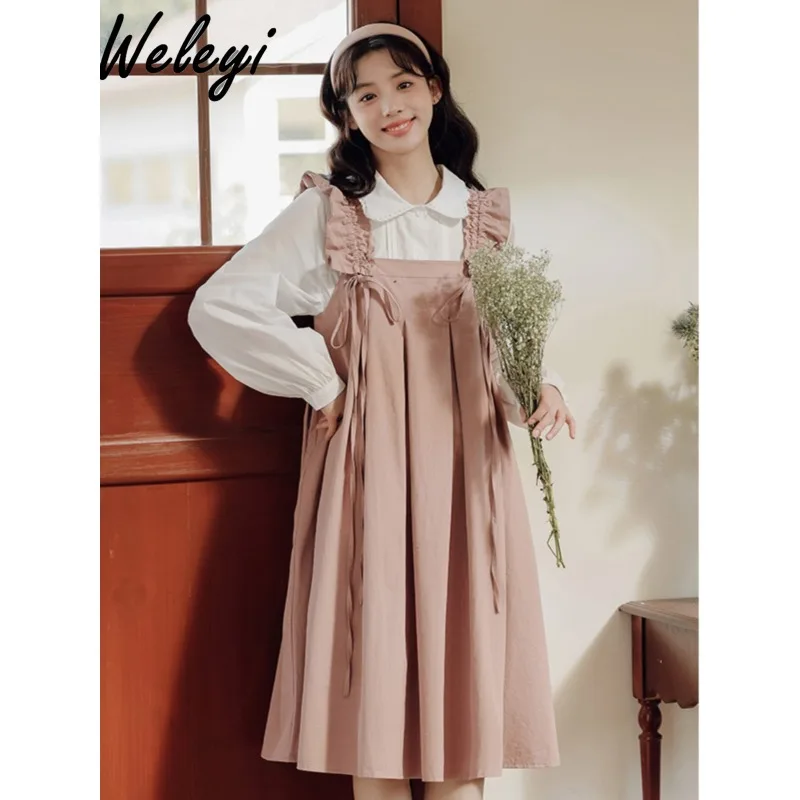 

Japanese College Style Dress Long Sleeve Shirt Women's Spring and Autumn New Sweet White Top and Long Dresses Suit 2 Pieces Set