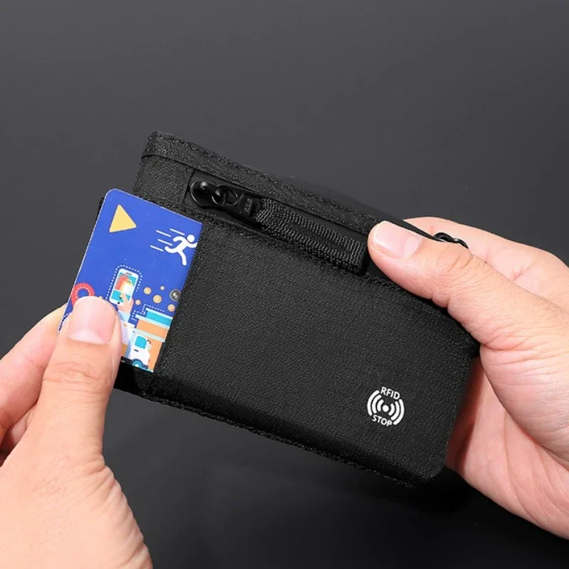 Men's Wallet Rfid Credit Card Holder Nylon Slim Purse Zipper Key Card Case Male Tactical Purse Coin Purse with Carabiner Wallets