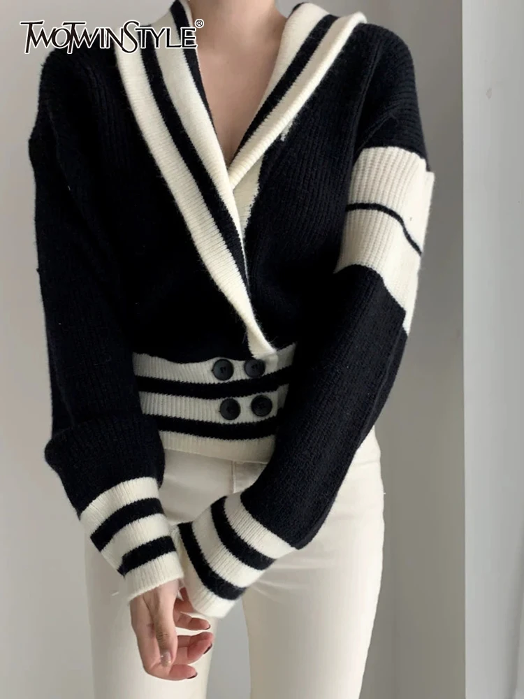 

TWOTWINSTYLE Casual Striped Knitting Coat For Women V Neck Long Sleeve Patchwork Button Loose Sweaters Female Fashion Clothes