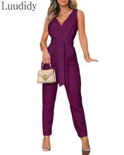  Women Sleeveless V Neck Belted Jumpsuit 