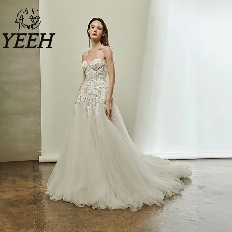 

YEEH Exquisite Lace Appliques Wedding Dress Sweetheart Neckline Bridal Gown A-line Court Train Vestido De Noiva for Bride