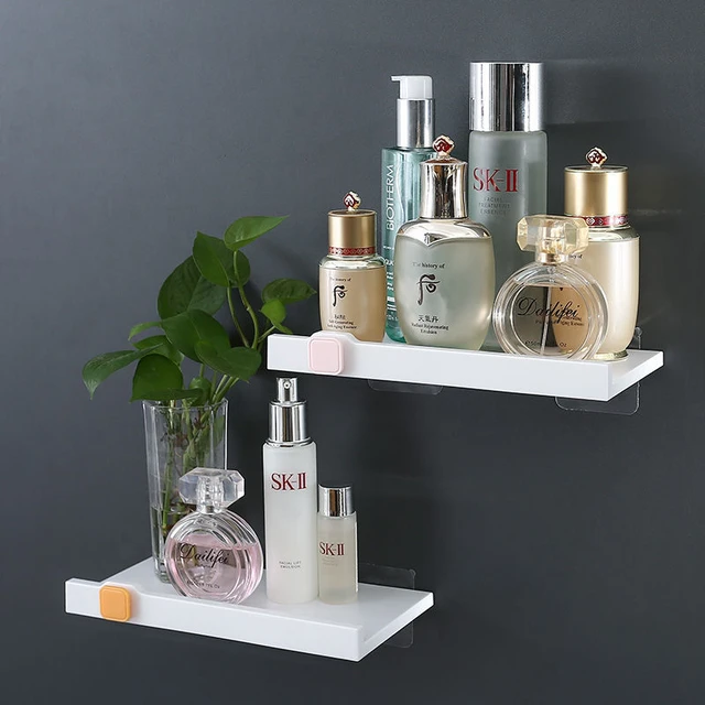 No Punching Bathroom Storage Rack Wall Mounted Shower Shelf Shampoo Makeup  Organizer Shelf Bathroom Toilet Rack With 2 Hooks - AliExpress