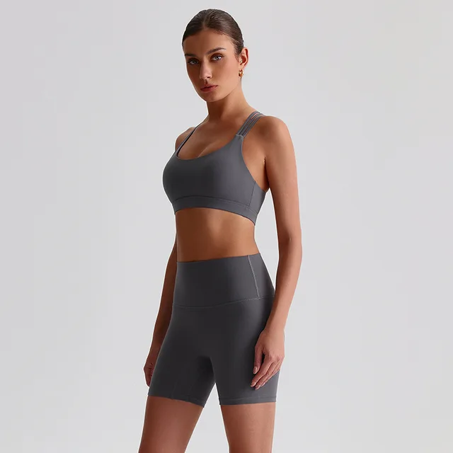 Solid Color Gym Yoga Set Short Legging Cross Back Shoulder Strap Sport Bra Tracksuit Women Suit Comprehensive Training Athletic 5
