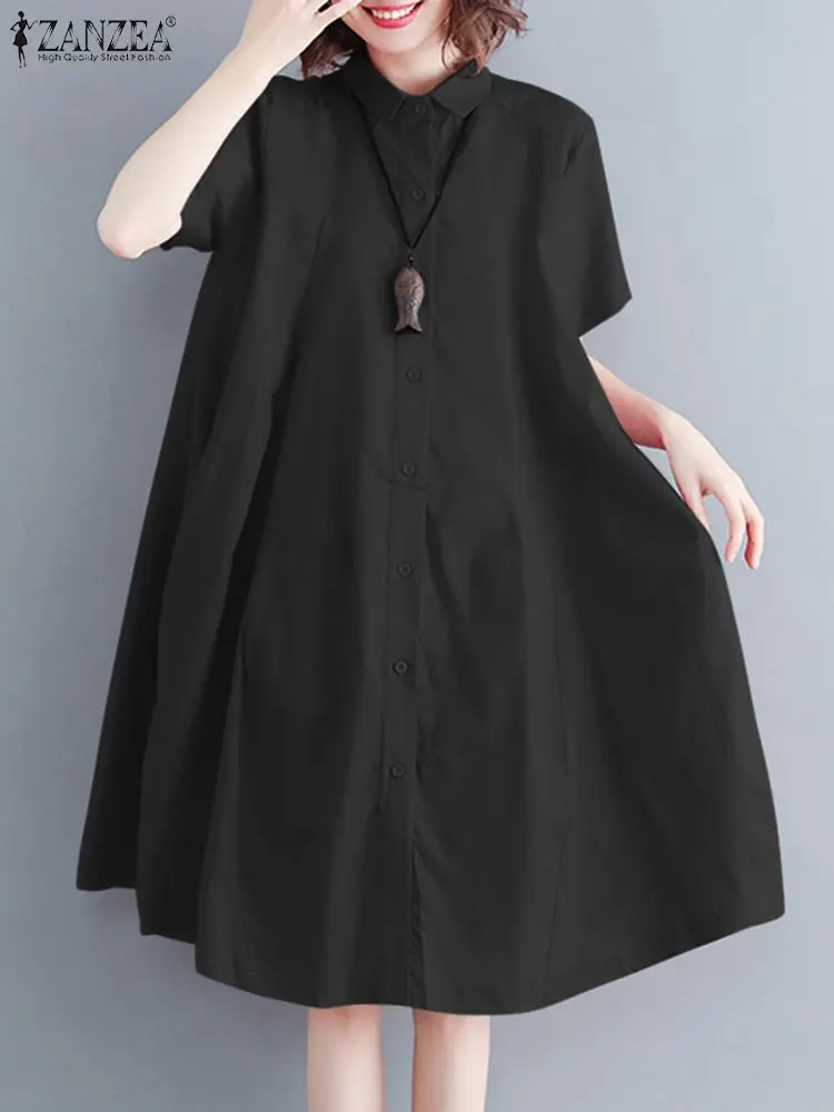 

ZANZEA Fashion Summer Women Lapel Neck Short Sleeve Solid Loose Sundress Casual Oversize Shirt Dress Buttons Knee-length Vestido