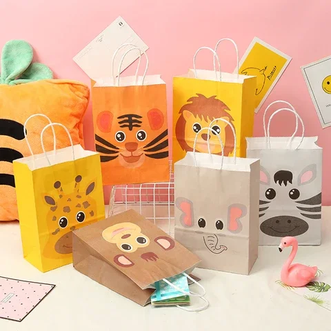 

6pcs Wedding Baby Shower Birthday Gift Bag Party Decorations Jungle Animal Paper Bags Biscuit Candy Bags
